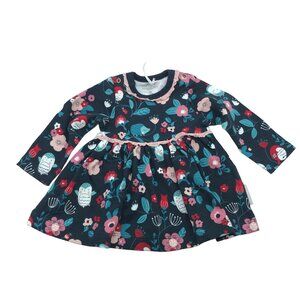 Polarn O. Pyret Baby Dress Floral & Animal Print Long Sleeve Organic Cotton 1-2M